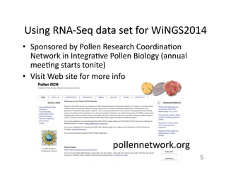 Using	
  RNA-­‐Seq	
  data	
  set	
  for	
  WiNGS2014	
  	
  
5	
  
pollennetwork.org	
  
•  Sponsored	
  by	
  Pollen	
  Research	
  Coordina1on	
  
Network	
  in	
  Integra1ve	
  Pollen	
  Biology	
  (annual	
  
mee1ng	
  starts	
  tonite)	
  	
  
•  Visit	
  Web	
  site	
  for	
  more	
  info	
  
 