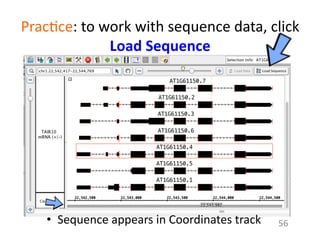 Prac1ce:	
  to	
  work	
  with	
  sequence	
  data,	
  click	
  
Load	
  Sequence	
  
56	
  •  Sequence	
  appears	
  in	
  Coordinates	
  track	
  
 