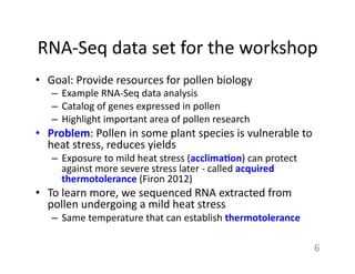 RNA-­‐Seq	
  data	
  set	
  for	
  the	
  workshop	
  
•  Goal:	
  Provide	
  resources	
  for	
  pollen	
  biology	
  
–  Example	
  RNA-­‐Seq	
  data	
  analysis	
  
–  Catalog	
  of	
  genes	
  expressed	
  in	
  pollen	
  
–  Highlight	
  important	
  area	
  of	
  pollen	
  research	
  
•  Problem:	
  Pollen	
  in	
  some	
  plant	
  species	
  is	
  vulnerable	
  to	
  
heat	
  stress,	
  reduces	
  yields	
  
–  Exposure	
  to	
  mild	
  heat	
  stress	
  (acclima$on)	
  can	
  protect	
  
against	
  more	
  severe	
  stress	
  later	
  -­‐	
  called	
  acquired	
  
thermotolerance	
  (Firon	
  2012)	
  
•  To	
  learn	
  more,	
  we	
  sequenced	
  RNA	
  extracted	
  from	
  
pollen	
  undergoing	
  a	
  mild	
  heat	
  stress	
  
–  Same	
  temperature	
  that	
  can	
  establish	
  thermotolerance	
  
	
  
6	
  
 