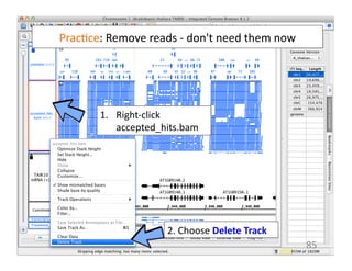 Prac1ce:	
  Remove	
  reads	
  -­‐	
  don't	
  need	
  them	
  now	
  
85	
  
1.  Right-­‐click	
  
accepted_hits.bam	
  
2.	
  Choose	
  Delete	
  Track	
  
 