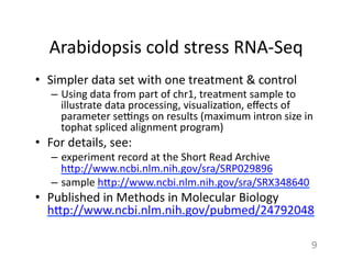 Arabidopsis	
  cold	
  stress	
  RNA-­‐Seq	
  	
  
•  Simpler	
  data	
  set	
  with	
  one	
  treatment	
  &	
  control	
  
–  Using	
  data	
  from	
  part	
  of	
  chr1,	
  treatment	
  sample	
  to	
  
illustrate	
  data	
  processing,	
  visualiza1on,	
  eﬀects	
  of	
  
parameter	
  seongs	
  on	
  results	
  (maximum	
  intron	
  size	
  in	
  
tophat	
  spliced	
  alignment	
  program)	
  
•  For	
  details,	
  see:	
  	
  
–  experiment	
  record	
  at	
  the	
  Short	
  Read	
  Archive
h7p://www.ncbi.nlm.nih.gov/sra/SRP029896	
  	
  
–  sample	
  h7p://www.ncbi.nlm.nih.gov/sra/SRX348640	
  	
  
•  Published	
  in	
  Methods	
  in	
  Molecular	
  Biology	
  
h7p://www.ncbi.nlm.nih.gov/pubmed/24792048	
  
	
  
9	
  
 