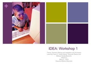 +
IDEA: Workshop 1
Theory, Decision Making and Legislation and Its Impact
Learning Team E: Yeida Chavez, Shemiah Owens and
Melissa VandenBussche
SPE/513
May 2nd , 2016
Claustina Mahon-Reynolds
 