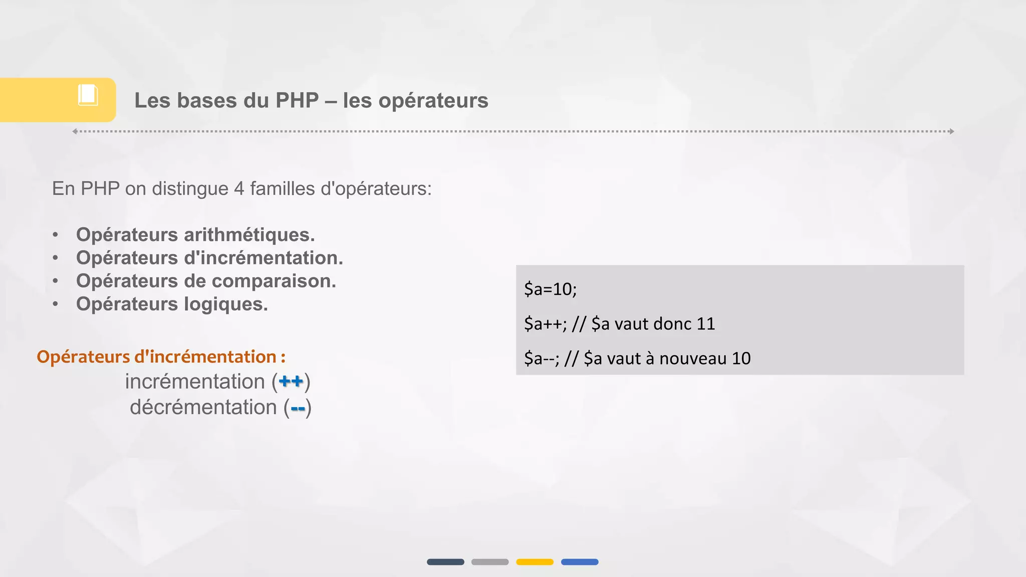 Opérateurs d'incrémentation :
incrémentation (++)
décrémentation (--)
$a=10;
$a++; // $a vaut donc 11
$a--; // $a vaut à nouveau 10
Les bases du PHP – les opérateurs📕
En PHP on distingue 4 familles d'opérateurs:
• Opérateurs arithmétiques.
• Opérateurs d'incrémentation.
• Opérateurs de comparaison.
• Opérateurs logiques.
 