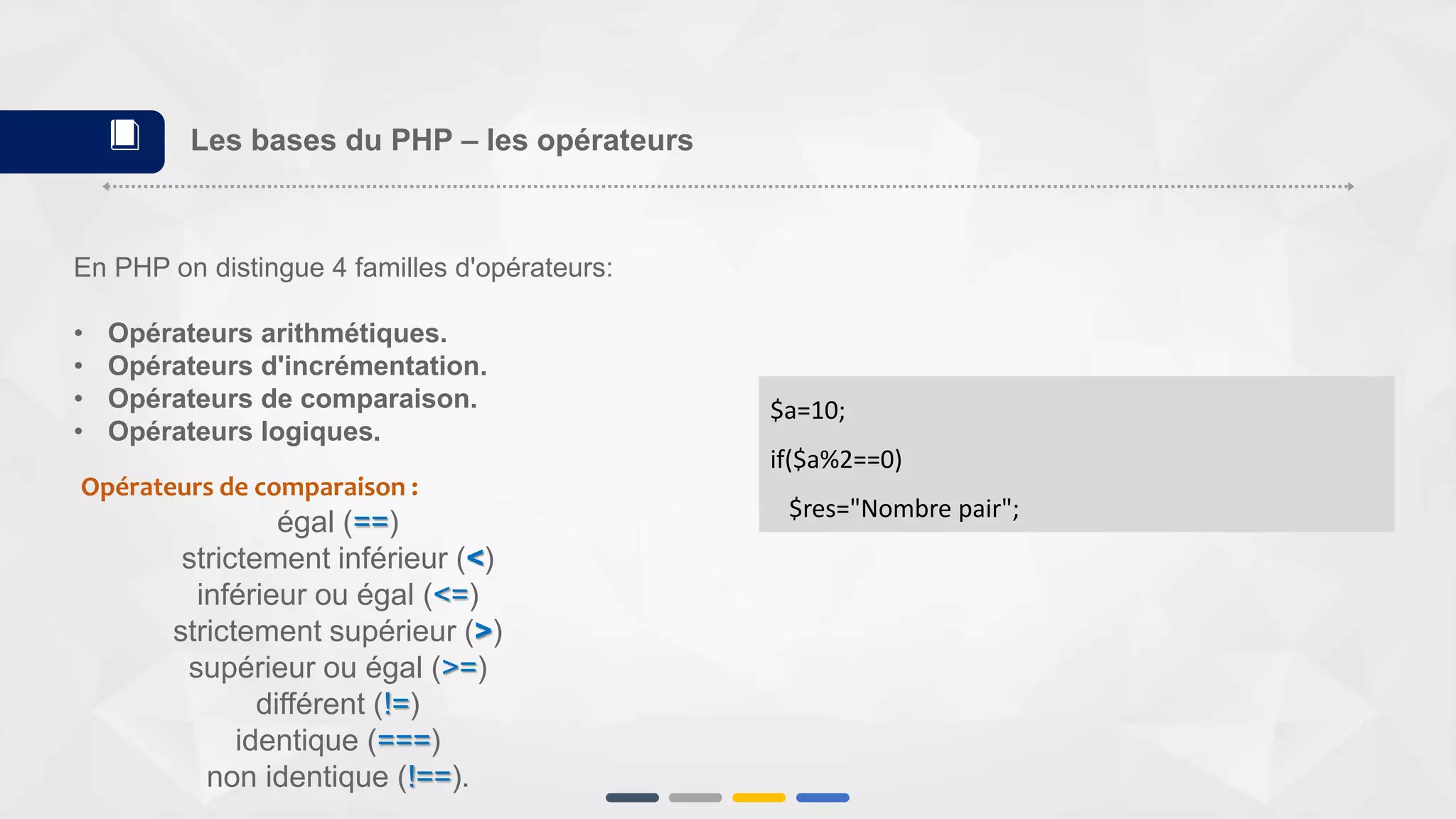 Opérateurs de comparaison :
égal (==)
strictement inférieur (<)
inférieur ou égal (<=)
strictement supérieur (>)
supérieur ou égal (>=)
différent (!=)
identique (===)
non identique (!==).
$a=10;
if($a%2==0)
$res="Nombre pair";
Les bases du PHP – les opérateurs📕
En PHP on distingue 4 familles d'opérateurs:
• Opérateurs arithmétiques.
• Opérateurs d'incrémentation.
• Opérateurs de comparaison.
• Opérateurs logiques.
 