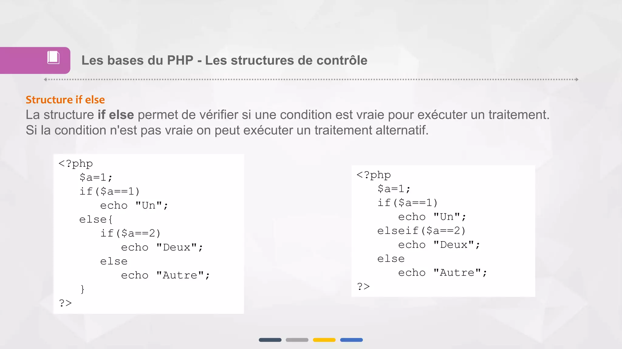 Structure if else
La structure if else permet de vérifier si une condition est vraie pour exécuter un traitement.
Si la condition n'est pas vraie on peut exécuter un traitement alternatif.
<?php
$a=1;
if($a==1)
echo "Un";
else{
if($a==2)
echo "Deux";
else
echo "Autre";
}
?>
<?php
$a=1;
if($a==1)
echo "Un";
elseif($a==2)
echo "Deux";
else
echo "Autre";
?>
Les bases du PHP - Les structures de contrôle📕
 