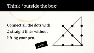 Think ‘outside the box’
Connect all the dots with
4 straight lines without
lifting your pen.
2 min
 