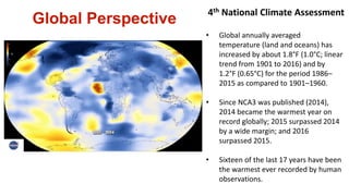 Global Perspective
• Global annually averaged
temperature (land and oceans) has
increased by about 1.8°F (1.0°C; linear
tr...