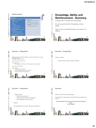 10/16/2013

Reinforcement

Knowledge, Ability and
Reinforcement - Summary

© 2013 CMMI Portugal Conference Series – All Rights reserved.

K

Rewards and recognition



Feedback



Corrective actions



Visible performance measurement



Potential Resisting Factors:

Rewards not meaningful or not associated with
achievement

Accountability mechanisms in place



Absence of reinforcement for accomplishments



Negative consequences including peer pressure for
desired behavior



Incentives that directly oppose the change

Tactics for fostering Reinforcement:

Feedback from supervisors directly to employees saying "Thank you"


Visible recognition by senior level sponsors



Project-sponsored celebrations for employees



Compensation and appraisal systems designed to
support the change

85

Exercise - Preparation

K

Recall all and every feeling changes , they will be explained in a phase
by phase diagram
The detail is very important
Start from where you are now
The stages are:
– very detailed and short so be very aware of your feelings
It’s time do be sensitive
Major
–
–
–

Change does not begin with Knowledge.

Do not assume that with Knowledge comes
Ability.
Keep a focus on Reinforcement, even when it is
difficult.

86

Exercise - Preparation

What do I mean?

phases
Exercise anouncement
Every major step done till completion
After completion of the exercice

87

Exercise - Preparation

© 2013 CMMI Portugal Conference Series – All Rights reserved.

© 2013 CMMI Portugal Conference Series – All Rights reserved.

K



K

– Major phases
• Exercise anouncement
• Every major step done till completion
• After completion of the exercice

– Does Henrique need to explain anything?

88

Exercise

When we return from the coffe break…

Ready?
Any questions? Don’t wory if you are not sensitive 

89

© 2013 CMMI Portugal Conference Series – All Rights reserved.

© 2013 CMMI Portugal Conference Series – All Rights reserved.

What builds Reinforcement to sustain the change?

Celebrations

© 2013 CMMI Portugal Conference Series – All Rights reserved.

Reinforcement

Wait at the door, the exercise will be told there just before you
come in.
Just remember the exercise only stops when Henrique
says ,
“It has ended!”

90

15

 