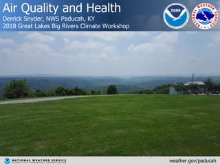 Air Quality and Health
Derrick Snyder, NWS Paducah, KY
2018 Great Lakes Big Rivers Climate Workshop
weather.gov/paducah
 
