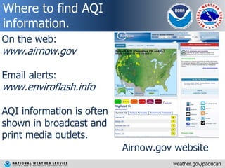 Where to find AQI
information.
weather.gov/paducah
On the web:
www.airnow.gov
Email alerts:
www.enviroflash.info
AQI infor...
