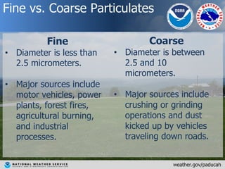 Fine vs. Coarse Particulates
weather.gov/paducah
Fine
• Diameter is less than
2.5 micrometers.
• Major sources include
mot...