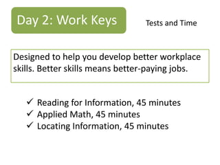 Day 2: Work Keys

Tests and Time

Designed to help you develop better workplace
skills. Better skills means better-paying jobs.
 Reading for Information, 45 minutes
 Applied Math, 45 minutes
 Locating Information, 45 minutes

 