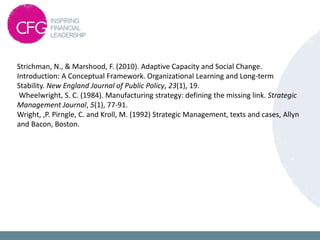 Strichman, N., & Marshood, F. (2010). Adaptive Capacity and Social Change.
Introduction: A Conceptual Framework. Organizational Learning and Long-term
Stability. New England Journal of Public Policy, 23(1), 19.
Wheelwright, S. C. (1984). Manufacturing strategy: defining the missing link. Strategic
Management Journal, 5(1), 77-91.
Wright, ,P. Pirngle, C. and Kroll, M. (1992) Strategic Management, texts and cases, Allyn
and Bacon, Boston.
 