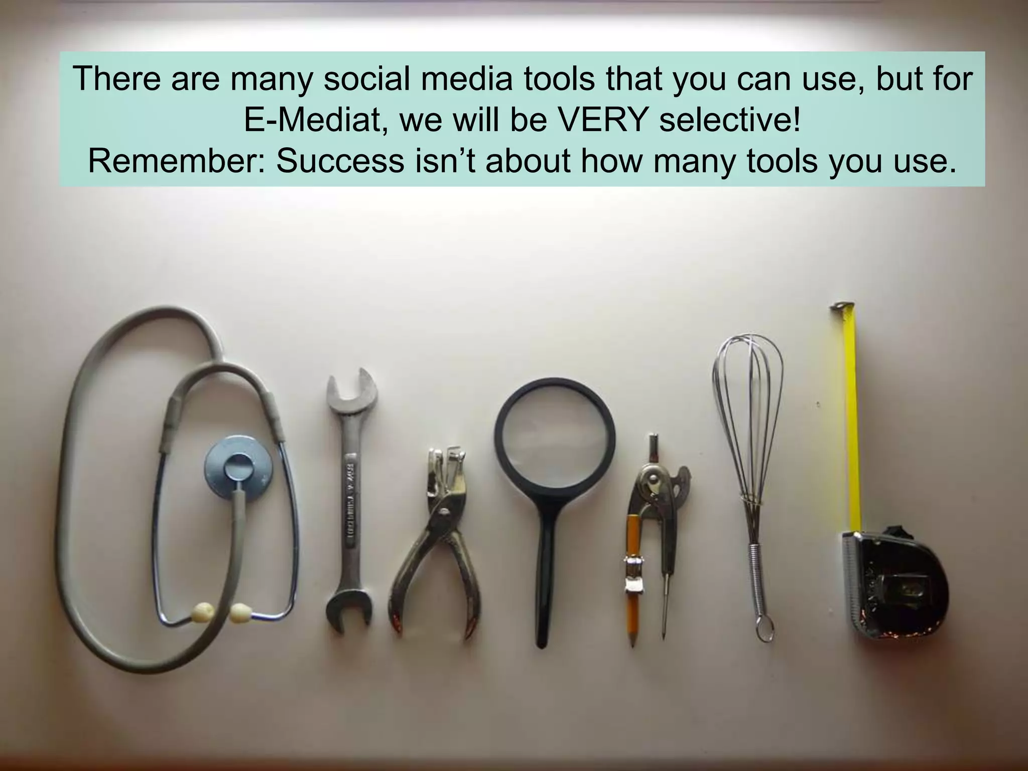 Where to focus …Social Media Strategy PlanEngagementContent Best PracticesBasic MeasurementInternet Presence:  Blog or WebsiteCommunications StrategyAdvanced MeasurementNetwork Building