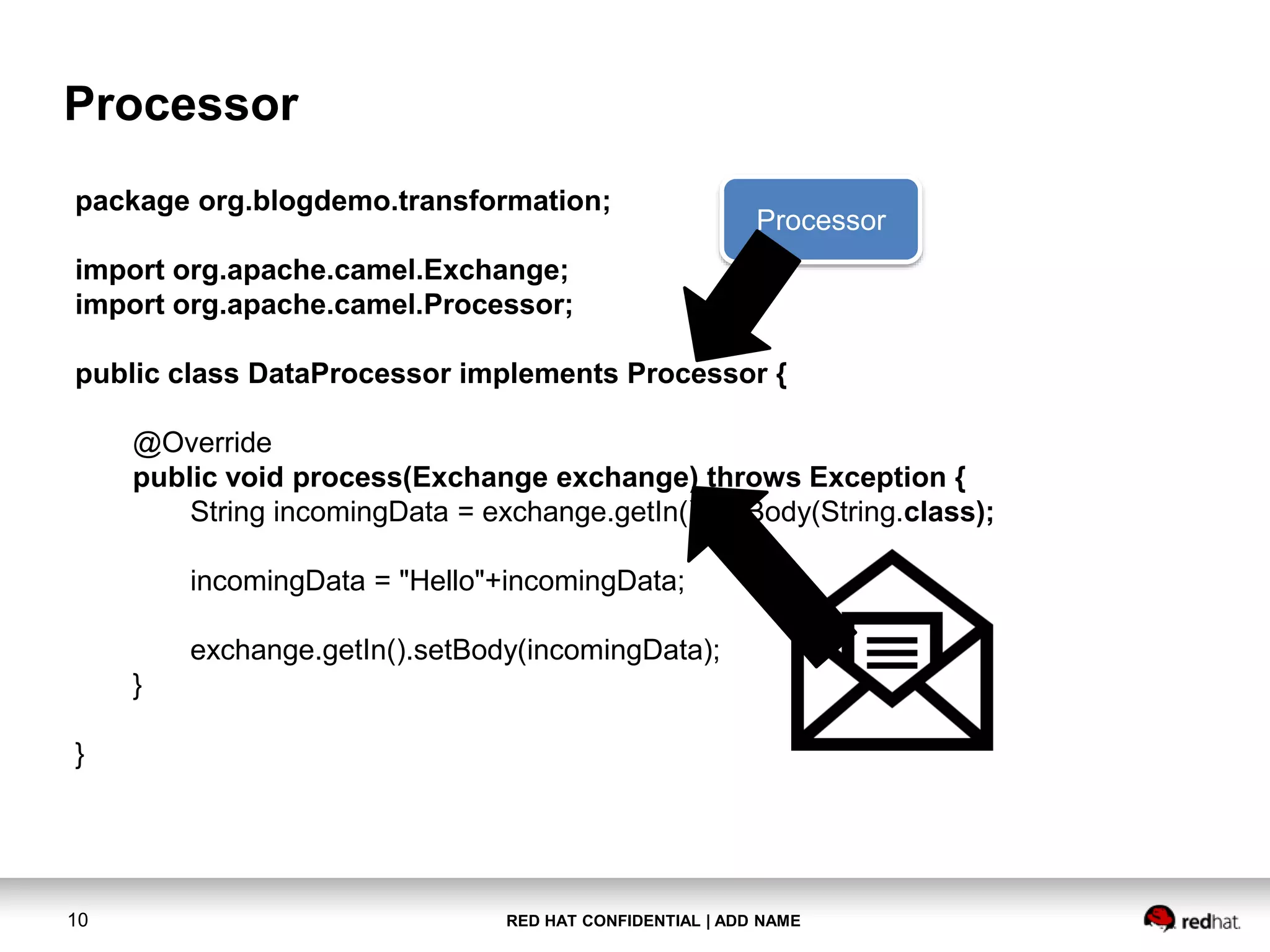 RED HAT CONFIDENTIAL | ADD NAME10
Processor
package org.blogdemo.transformation;
import org.apache.camel.Exchange;
import org.apache.camel.Processor;
public class DataProcessor implements Processor {
@Override
public void process(Exchange exchange) throws Exception {
String incomingData = exchange.getIn().getBody(String.class);
incomingData = "Hello"+incomingData;
exchange.getIn().setBody(incomingData);
}
}
Processor