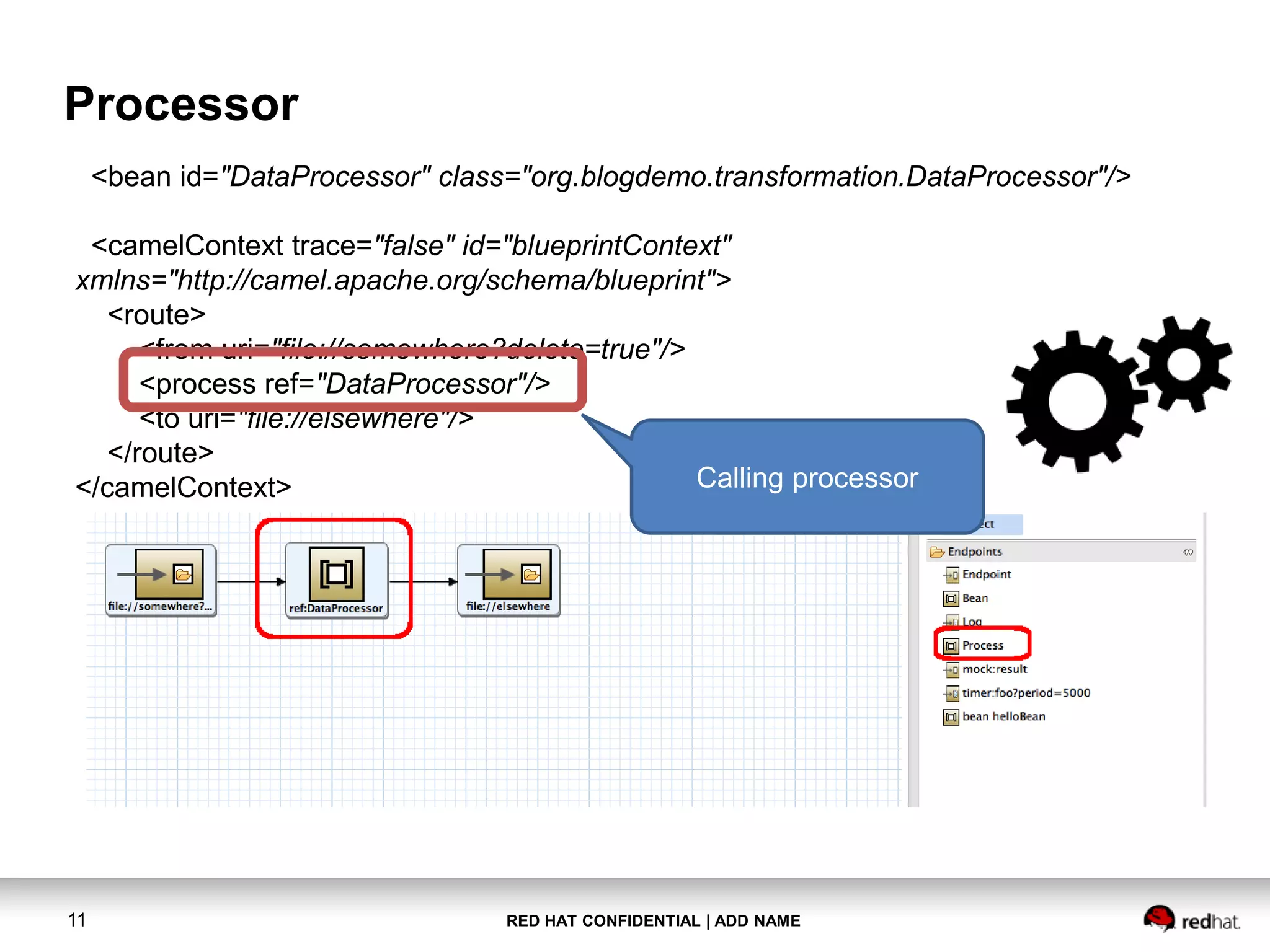 RED HAT CONFIDENTIAL | ADD NAME11
Processor
<bean id="DataProcessor" class="org.blogdemo.transformation.DataProcessor"/>
<camelContext trace="false" id="blueprintContext"
xmlns="http://camel.apache.org/schema/blueprint">
<route>
<from uri="file://somewhere?delete=true"/>
<process ref="DataProcessor"/>
<to uri="file://elsewhere"/>
</route>
</camelContext> Calling processor
