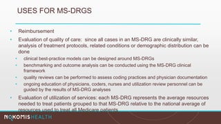 USES FOR MS-DRGS
• Reimbursement
• Evaluation of quality of care: since all cases in an MS-DRG are clinically similar,
analysis of treatment protocols, related conditions or demographic distribution can be
done
• clinical best-practice models can be designed around MS-DRGs
• benchmarking and outcome analysis can be conducted using the MS-DRG clinical
framework
• quality reviews can be performed to assess coding practices and physician documentation
• ongoing education of physicians, coders, nurses and utilization review personnel can be
guided by the results of MS-DRG analyses
• Evaluation of utilization of services: each MS-DRG represents the average resources
needed to treat patients grouped to that MS-DRG relative to the national average of
resources used to treat all Medicare patients
 