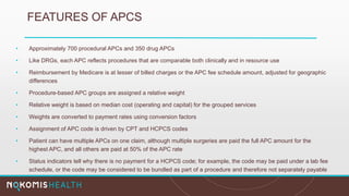 FEATURES OF APCS
• Approximately 700 procedural APCs and 350 drug APCs
• Like DRGs, each APC reflects procedures that are comparable both clinically and in resource use
• Reimbursement by Medicare is at lesser of billed charges or the APC fee schedule amount, adjusted for geographic
differences
• Procedure-based APC groups are assigned a relative weight
• Relative weight is based on median cost (operating and capital) for the grouped services
• Weights are converted to payment rates using conversion factors
• Assignment of APC code is driven by CPT and HCPCS codes
• Patient can have multiple APCs on one claim, although multiple surgeries are paid the full APC amount for the
highest APC, and all others are paid at 50% of the APC rate
• Status indicators tell why there is no payment for a HCPCS code; for example, the code may be paid under a lab fee
schedule, or the code may be considered to be bundled as part of a procedure and therefore not separately payable
 