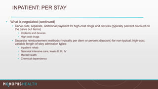 INPATIENT: PER STAY
• What is negotiated (continued)
• Carve outs; separate, additional payment for high-cost drugs and devices (typically percent discount on
the carve out items)
• Implants and devices
• High-cost drugs
• Separate reimbursement methods (typically per diem or percent discount) for non-typical, high-cost,
variable length-of-stay admission types:
• Inpatient rehab
• Neonatal intensive care, levels II, III, IV
• Mental health
• Chemical dependency
 