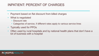 INPATIENT: PERCENT OF CHARGES
• Payment based on flat discount from billed charges
• What is negotiated
• Discount rate
• Categories of service, if different rates apply to various service lines
• Typically used for PPOs
• Often used by rural hospitals and by national health plans that don’t have a
lot of business with a hospital
 