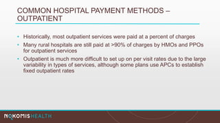 COMMON HOSPITAL PAYMENT METHODS –
OUTPATIENT
• Historically, most outpatient services were paid at a percent of charges
• Many rural hospitals are still paid at >90% of charges by HMOs and PPOs
for outpatient services
• Outpatient is much more difficult to set up on per visit rates due to the large
variability in types of services, although some plans use APCs to establish
fixed outpatient rates
 