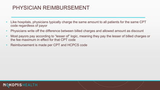 PHYSICIAN REIMBURSEMENT
• Like hospitals, physicians typically charge the same amount to all patients for the same CPT
code regardless of payor
• Physicians write off the difference between billed charges and allowed amount as discount
• Most payors pay according to “lesser of” logic, meaning they pay the lesser of billed charges or
the fee maximum in effect for that CPT code
• Reimbursement is made per CPT and HCPCS code
 