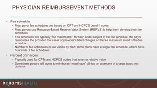 PHYSICIAN REIMBURSEMENT METHODS
• Fee schedule
• Most payor fee schedules are based on CPT and HCPCS Level II codes
• Most payors use Resource-Based Relative Value System (RBRVS) to help them develop their fee
schedules
• Fee schedules are typically “fee maximums;” for each code subject to the fee schedule, the payor
reimburses the provider the lesser of provider’s billed charges or the fee maximum listed in the fee
schedule
• Number of fee schedules in use varies by plan; some plans have a single fee schedule, others have
hundreds of fee schedules
• Percent of charges
• Typically used for CPTs and HCPCS codes that have no relative value
• Sometimes payors will agree to reimburse “must-have” clinics on a percent of charge basis; not
common
 