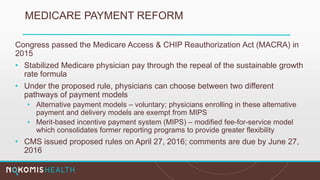 MEDICARE PAYMENT REFORM
Congress passed the Medicare Access & CHIP Reauthorization Act (MACRA) in
2015
• Stabilized Medicare physician pay through the repeal of the sustainable growth
rate formula
• Under the proposed rule, physicians can choose between two different
pathways of payment models
• Alternative payment models – voluntary; physicians enrolling in these alternative
payment and delivery models are exempt from MIPS
• Merit-based incentive payment system (MIPS) – modified fee-for-service model
which consolidates former reporting programs to provide greater flexibility
• CMS issued proposed rules on April 27, 2016; comments are due by June 27,
2016
 