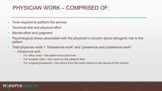 PHYSICIAN WORK – COMPRISED OF:
• Time required to perform the service
• Technical skill and physical effort
• Mental effort and judgment
• Psychological stress associated with the physician’s concern about iatrogenic risk to the
patient
• Total physician work = “intraservice work” and “preservice and postservice work”
• Intraservice work
• For office visits = the patient encounter time
• For hospital visits = time spent on the patient’s floor
• For surgical procedures = the period from the initial incision to the closure of the incision
 