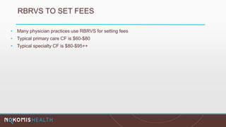 RBRVS TO SET FEES
• Many physician practices use RBRVS for setting fees
• Typical primary care CF is $60-$80
• Typical specialty CF is $80-$95++
 