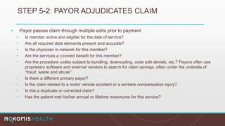 STEP 5-2: PAYOR ADJUDICATES CLAIM
• Payor passes claim through multiple edits prior to payment
• Is member active and eligible for the date of service?
• Are all required data elements present and accurate?
• Is the physician in-network for this member?
• Are the services a covered benefit for this member?
• Are the procedure codes subject to bundling, downcoding, code edit denials, etc.? Payors often use
proprietary software and external vendors to search for claim savings, often under the umbrella of
“fraud, waste and abuse”
• Is there a different primary payor?
• Is the claim related to a motor vehicle accident or a workers compensation injury?
• Is this a duplicate or corrected claim?
• Has the patient met his/her annual or lifetime maximums for this service?
 
