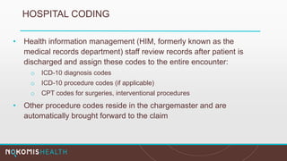 HOSPITAL CODING
• Health information management (HIM, formerly known as the
medical records department) staff review records after patient is
discharged and assign these codes to the entire encounter:
o ICD-10 diagnosis codes
o ICD-10 procedure codes (if applicable)
o CPT codes for surgeries, interventional procedures
• Other procedure codes reside in the chargemaster and are
automatically brought forward to the claim
 