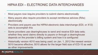 HIPAA EDI – ELECTRONIC DATA INTERCHANGES
• Most payors now require providers to submit claims electronically
• Many payors also require providers to accept remittance advices (RAs)
electronically
• Providers and payors use the HIPAA electronic data interchange (EDI, or X12)
sets to accomplish this
• Some providers use clearinghouses to send and receive EDI data sets;
whether they send claims directly to payors or through a clearinghouse
depends on the provider’s billing system and how it is configured
• Historically version 4010 was being used; on Jan. 1, 2012 the newest version
5010 became effective; 5010 allows for the larger field size of ICD-10 as well
as other improvements
 