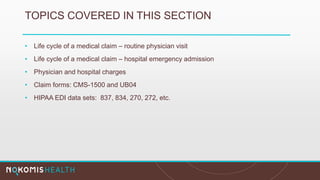 TOPICS COVERED IN THIS SECTION
• Life cycle of a medical claim – routine physician visit
• Life cycle of a medical claim – hospital emergency admission
• Physician and hospital charges
• Claim forms: CMS-1500 and UB04
• HIPAA EDI data sets: 837, 834, 270, 272, etc.
 