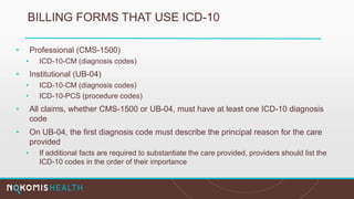 BILLING FORMS THAT USE ICD-10
• Professional (CMS-1500)
• ICD-10-CM (diagnosis codes)
• Institutional (UB-04)
• ICD-10-CM (diagnosis codes)
• ICD-10-PCS (procedure codes)
• All claims, whether CMS-1500 or UB-04, must have at least one ICD-10 diagnosis
code
• On UB-04, the first diagnosis code must describe the principal reason for the care
provided
• If additional facts are required to substantiate the care provided, providers should list the
ICD-10 codes in the order of their importance
 