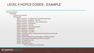 LEVEL II HCPCS CODES - EXAMPLE
Dental procedures
Diagnostic
Clinical oral evaluation
Radiographs
D0210 Intraoral – complete series (including bitewings)
D0220 Intraoral – periapical – first film
D0230 Intraoral – periapical – each additional film
D0240 Intraoral – occlusal film
D0250 Extraoral – first film
D0260 Extraoral – each additional film
D0270 Bitewing – single film
D0272 Bitewings – two films
D0274 Bitewings – four films
D0290 Posterior-anterior or lateral skull and facial bone survey film
D0310 Sialography
D0320 Tempromandibular joint arthrogram, including injection
D0321 Other temporomandibular joint films, by report
D0322 Tomographic survey
D0330 Panoramic film
D0340 Cephalometric film
Test and laboratory examinations…
 