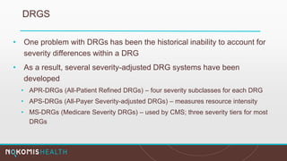 DRGS
• One problem with DRGs has been the historical inability to account for
severity differences within a DRG
• As a result, several severity-adjusted DRG systems have been
developed
• APR-DRGs (All-Patient Refined DRGs) – four severity subclasses for each DRG
• APS-DRGs (All-Payer Severity-adjusted DRGs) – measures resource intensity
• MS-DRGs (Medicare Severity DRGs) – used by CMS; three severity tiers for most
DRGs
 