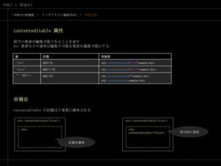> HTML5の新機能　>　リッチテキスト編集用API　>　利用方法contenteditable 属性該当の要素が編集可能であることを表すdiv 要素などの通常は編集不可能な要素を編集可能にする※補足contenteditable の状態は子要素に継承される<div contenteditable=“true”><div contenteditable=“true”>明示的に指定<div><div contenteditable=“false”>状態を継承