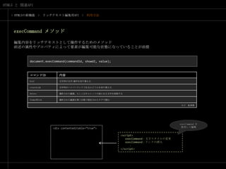 > HTML5の新機能　>　リッチテキスト編集用API　>　利用方法execCommand メソッド編集内容をリッチテキストとして操作するためのメソッド前述の属性やプロパティによって要素が編集可能な状態になっていることが前提document.execCommand(commandId, showUI, value);execCommand を使用して編集<div contenteditable=“true”><script>execCommand：文字スタイルの変更  execCommand：リンクの挿入　　　：</script>
