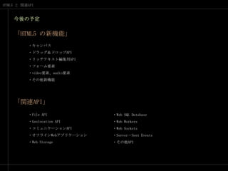 今後の予定「HTML5 の新機能」・キャンバス・ドラッグ＆ドロップAPI・リッチテキスト編集用API・フォーム要素・video要素、audio要素・その他新機能「関連API」・FileAPI・Geolocation API・コミュニケーションAPI・オフラインWebアプリケーション・Web Storage・Web SQL Database・Web Workers・Web Sockets・Server－Sent Events・その他API