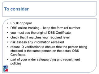 Dbs Policy Example Safeguarding and risk governance: Using the new DBS Update service | PPTX