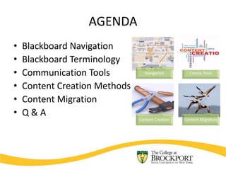 • Blackboard Navigation
• Blackboard Terminology
• Communication Tools
• Content Creation Methods
• Content Migration
• Q & A
Navigation Course Tools
Content Creation Content Migration
AGENDA
 