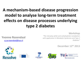 A mechanism-based disease progression
model to analyse long-term treatment
effects on disease processes underlying
type 2 diabetes
Workshop

Yvonne Rozendaal
y.j.w.rozendaal@tue.nl

“The interplay of fat and carbohydrate metabolism
with application in Metabolic Syndrome and Type 2
Diabetes”

December 12th 2013

 