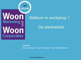 Welkom in workshop 1   De klantrelatie   Inleiders: Aart Leenaars, Guus Verduijn, Frank Sturkenboom 