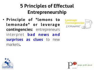 •  Principle of "lemons to
lemonade" or leverage
contingencies: entrepreneurs
interpret bad news and
surprises as clues to new
markets.
5 Principles of Effectual
Entrepreneurship
 