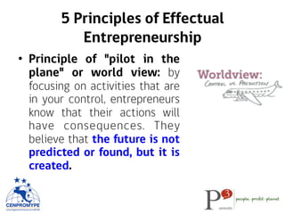 •  Principle of "pilot in the
plane" or world view: by
focusing on activities that are
in your control, entrepreneurs
know that their actions will
have consequences. They
believe that the future is not
predicted or found, but it is
created.
5 Principles of Effectual
Entrepreneurship
 