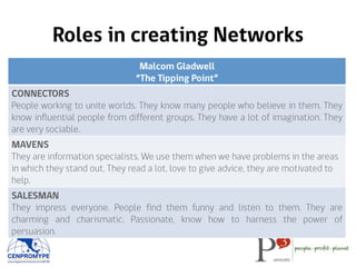 Roles in creating Networks
Malcom Gladwell
“The Tipping Point”
CONNECTORS
People working to unite worlds. They know many people who believe in them. They
know influential people from different groups. They have a lot of imagination. They
are very sociable..
MAVENS
They are information specialists. We use them when we have problems in the areas
in which they stand out. They read a lot, love to give advice, they are motivated to
help.
SALESMAN
They impress everyone. People find them funny and listen to them. They are
charming and charismatic. Passionate, know how to harness the power of
persuasion.
 
