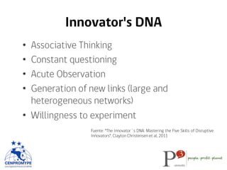 Innovator's DNA
•  Associative Thinking
•  Constant questioning
•  Acute Observation
•  Generation of new links (large and
heterogeneous networks)
•  Willingness to experiment
Fuente: “The Innovator`s DNA: Mastering the Five Skills of Disruptive
Innovators”, Clayton Christensen et al, 2011
 