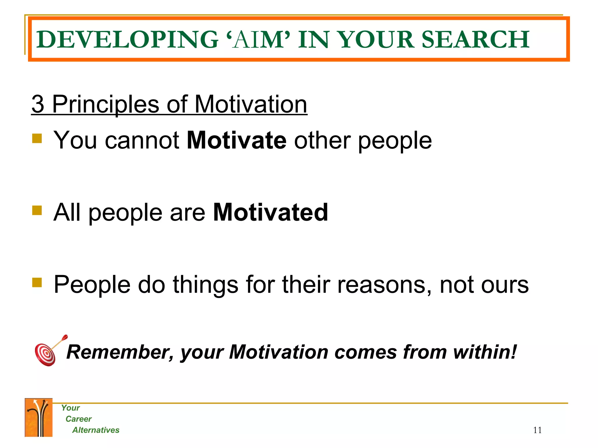 DEVELOPING ‘ AI M’ IN YOUR SEARCH 3 Principles of Motivation You cannot  Motivate  other people All people are  Motivated People do things for their reasons, not ours Remember, your Motivation comes from within!   