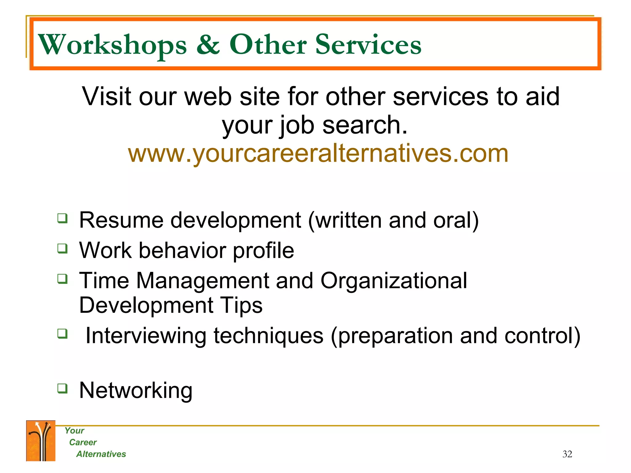 Workshops & Other Services Visit our web site for other services to aid your job search.  www.yourcareeralternatives.com   Resume development (written and oral) Work behavior profile Time Management and Organizational Development Tips Interviewing techniques (preparation and control)  Networking 